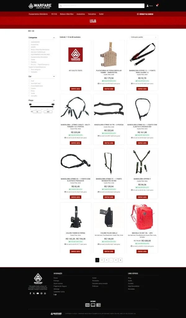 Página de listagem de produtos da Warfare Shop