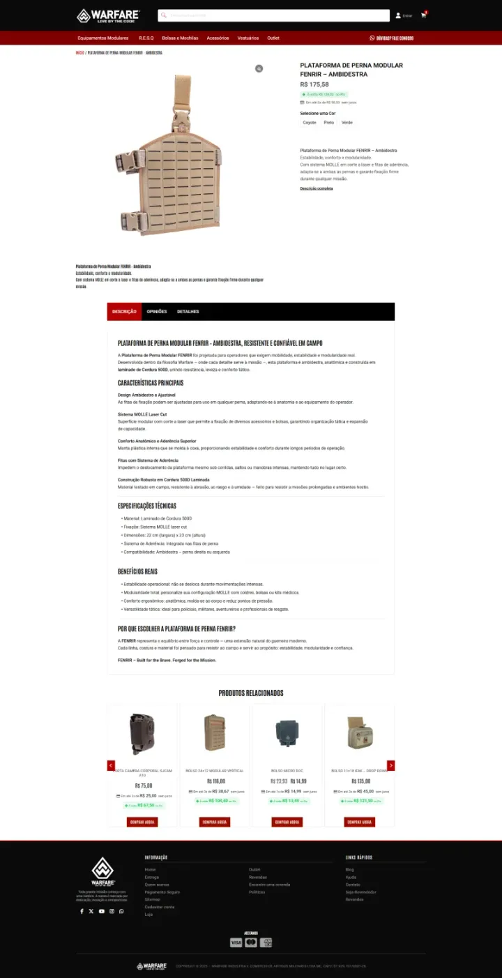 Página de produto da loja virtual Warfare Shop