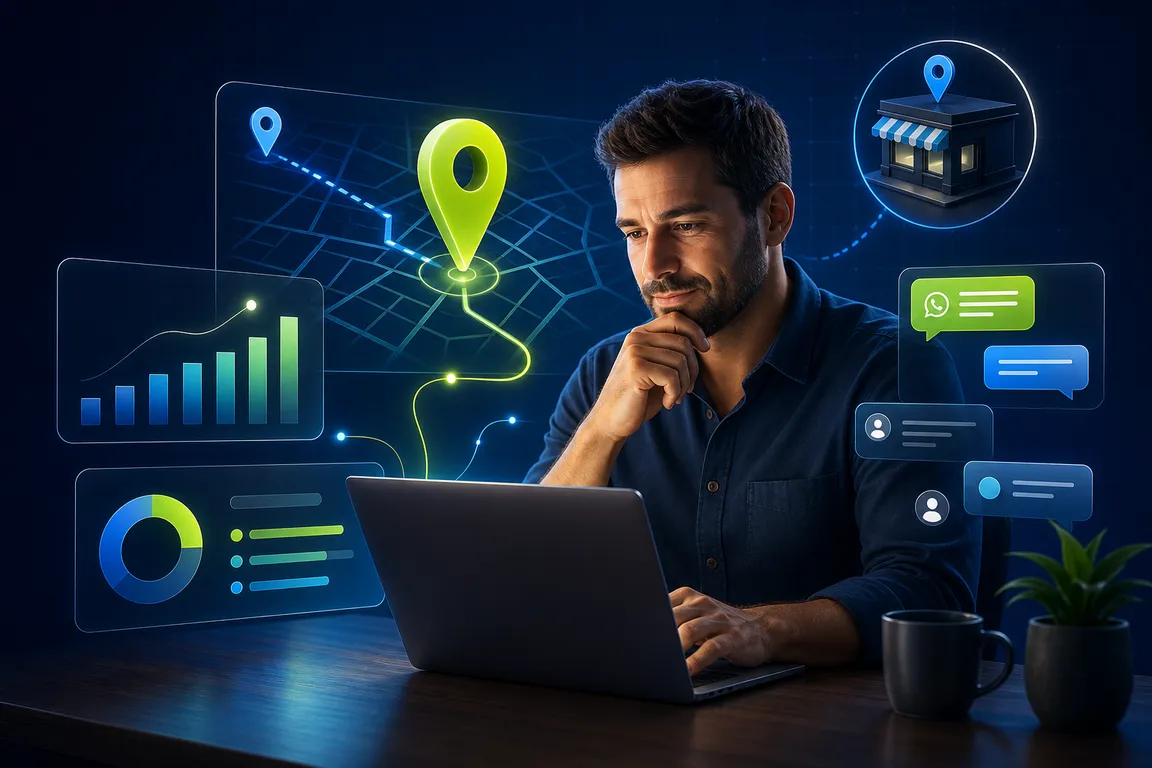 Empresário conectado a mapa local, site, mensagens e indicadores digitais